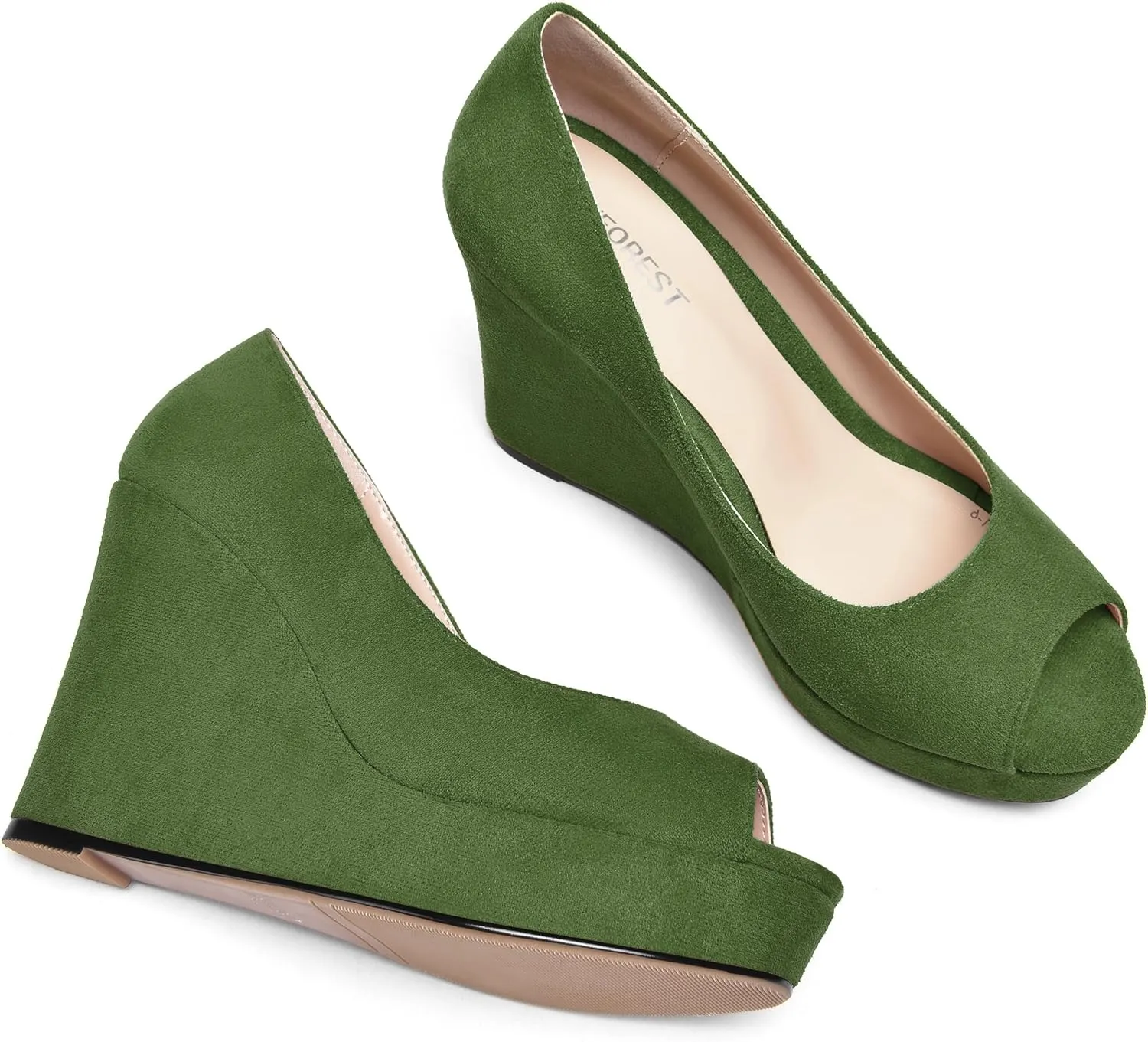 SHOWFOREST Womens Slip On Suede Dating Solid Peep Toe Sexy Wedge High Heel Pumps Shoes 4 Inch