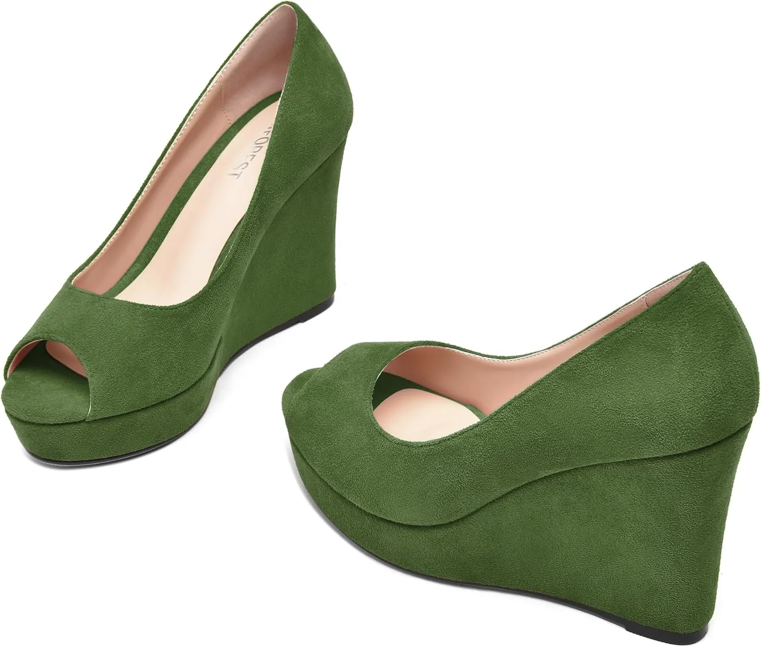 SHOWFOREST Womens Slip On Suede Dating Solid Peep Toe Sexy Wedge High Heel Pumps Shoes 4 Inch