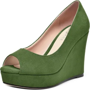 SHOWFOREST Womens Slip On Suede Dating Solid Peep Toe Sexy Wedge High Heel Pumps Shoes 4 Inch