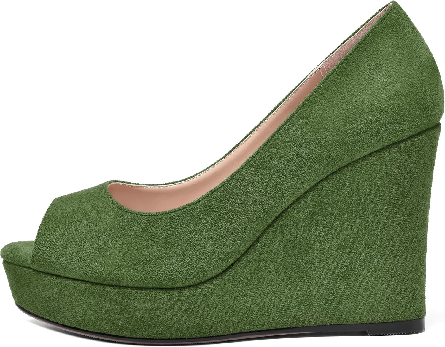 SHOWFOREST Womens Slip On Suede Dating Solid Peep Toe Sexy Wedge High Heel Pumps Shoes 4 Inch