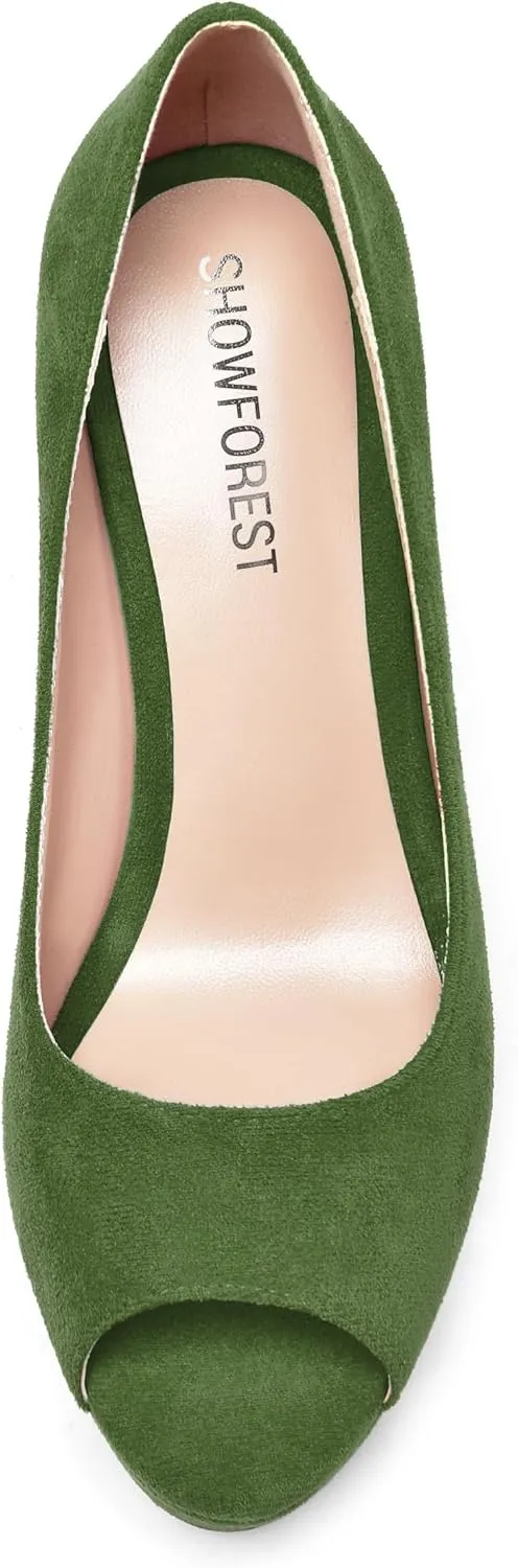 SHOWFOREST Womens Slip On Suede Dating Solid Peep Toe Sexy Wedge High Heel Pumps Shoes 4 Inch