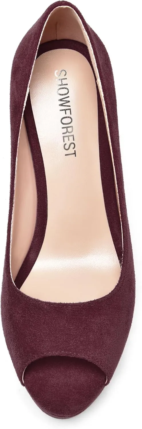 SHOWFOREST Womens Slip On Suede Dating Solid Peep Toe Sexy Wedge High Heel Pumps Shoes 4 Inch