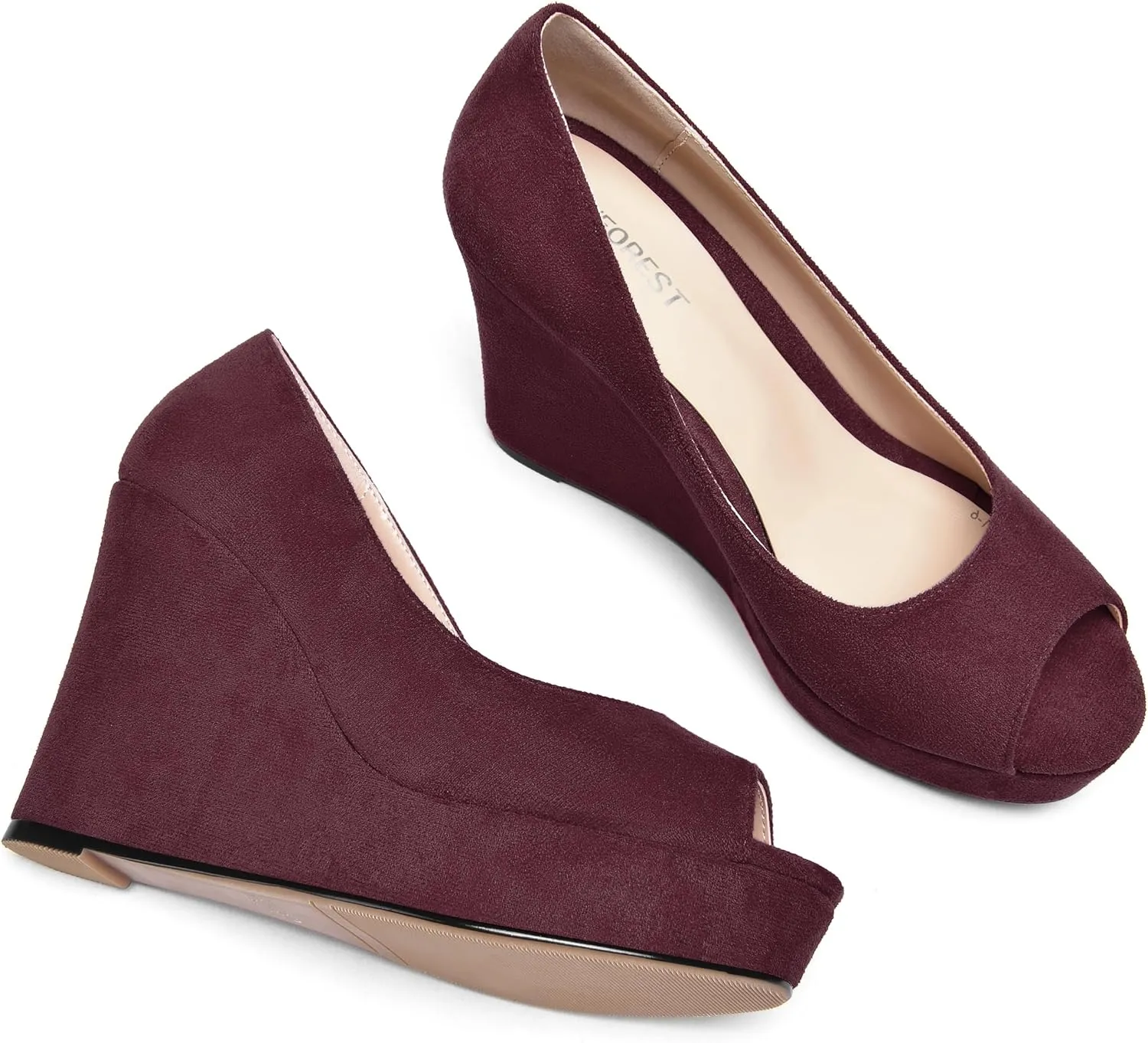 SHOWFOREST Womens Slip On Suede Dating Solid Peep Toe Sexy Wedge High Heel Pumps Shoes 4 Inch