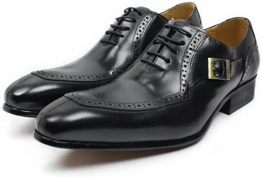 Single Season Oxford Shoes for Men Lace Up Split Toe Monk Strap Pointed Toe Cowhide Block Heel Resistant Non Slip Low Top Classic Very Popular Among Young People