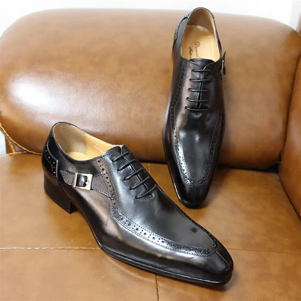 Single Season Oxford Shoes for Men Lace Up Split Toe Monk Strap Pointed Toe Cowhide Block Heel Resistant Non Slip Low Top Classic Very Popular Among Young People