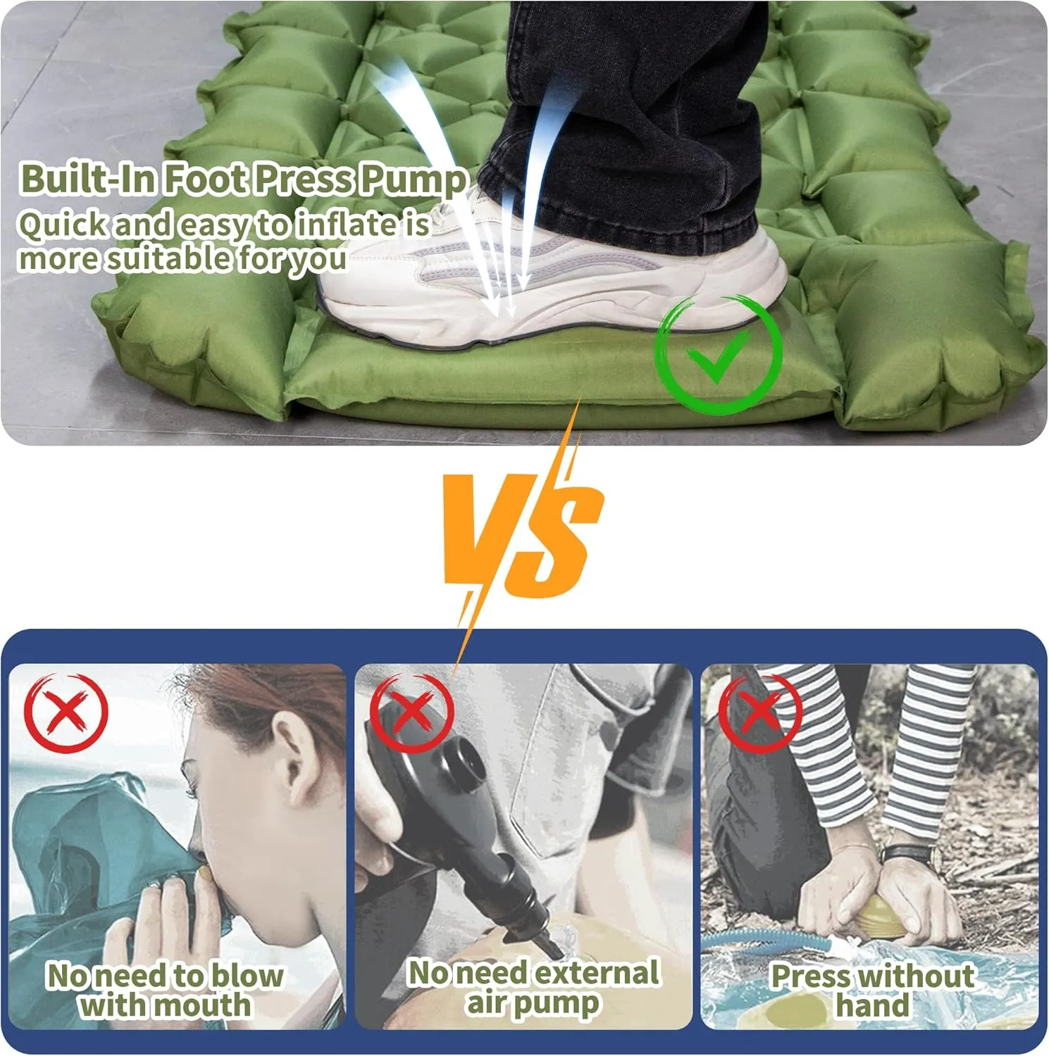 Single Sleeping Pad for Camping, Ultralight Inflatable Sleeping Mat with Pillow and Built-in Foot Pump, Portable Camping Mattress for Tent, Backpacking, Hiking, Traveling (Single,Green)