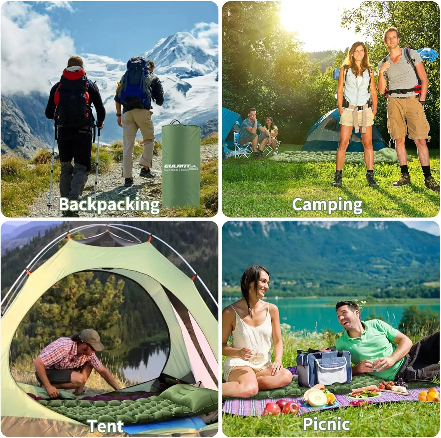 Single Sleeping Pad for Camping, Ultralight Inflatable Sleeping Mat with Pillow and Built-in Foot Pump, Portable Camping Mattress for Tent, Backpacking, Hiking, Traveling (Single,Green)