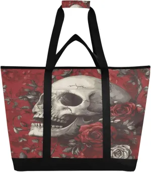 Skull and Roses Reusable Insulated Lunchbox Cooler Bag, Leakproof Kitchen Grocery Bag Collapsible Portable Cooler Tote Bag for Picnic, Camping, Office, Travel