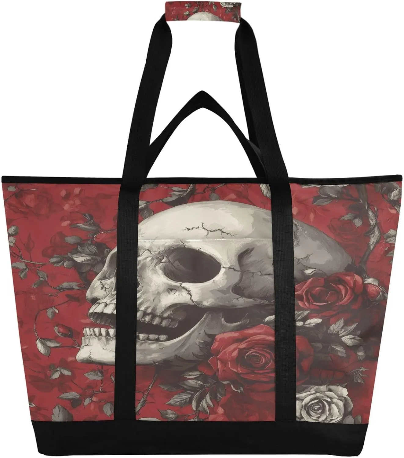 Skull and Roses Reusable Insulated Lunchbox Cooler Bag, Leakproof Kitchen Grocery Bag Collapsible Portable Cooler Tote Bag for Picnic, Camping, Office, Travel