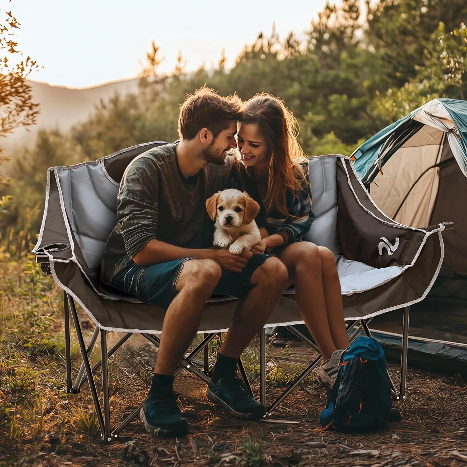 Slsy Oversized Double Camping Chair, Folding 2 Person Camping Chair Loveseat, Fully Padded Duo Chair Camping Couch, Fold Up Double Camp Chair, Lawn Chairs, Camping Bench with Carrying Bag