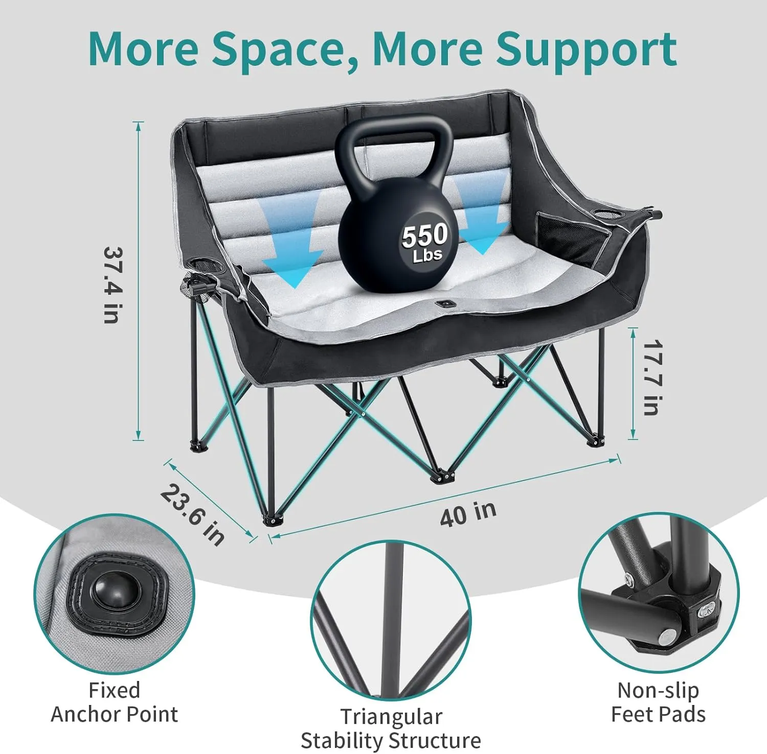 Slsy Oversized Double Camping Chair, Folding 2 Person Camping Chair Loveseat, Fully Padded Duo Chair Camping Couch, Fold Up Double Camp Chair, Lawn Chairs, Camping Bench with Carrying Bag