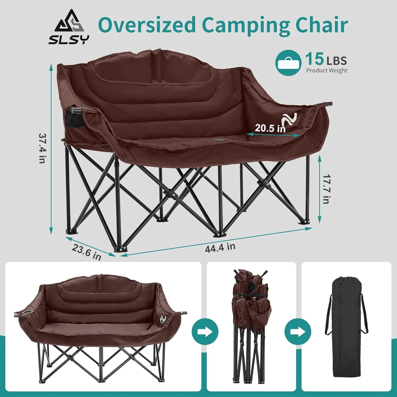 Slsy Oversized Double Camping Chair, Folding 2 Person Camping Chair Loveseat, Fully Padded Duo Chair Camping Couch, Fold Up Double Camp Chair, Lawn Chairs, Camping Bench with Carrying Bag