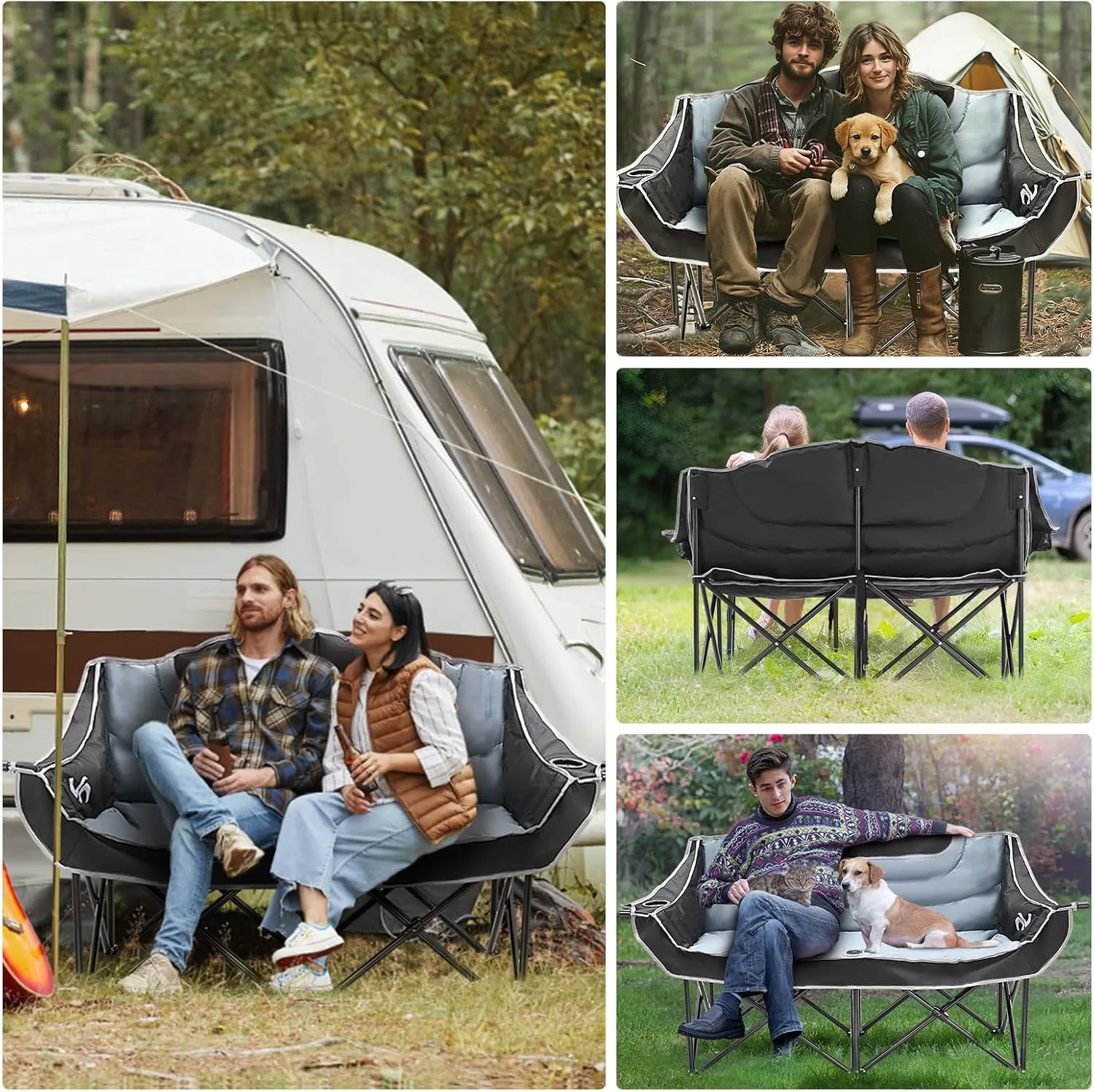Slsy Oversized Double Camping Chair, Folding 2 Person Camping Chair Loveseat, Fully Padded Duo Chair Camping Couch, Fold Up Double Camp Chair, Lawn Chairs, Camping Bench with Carrying Bag