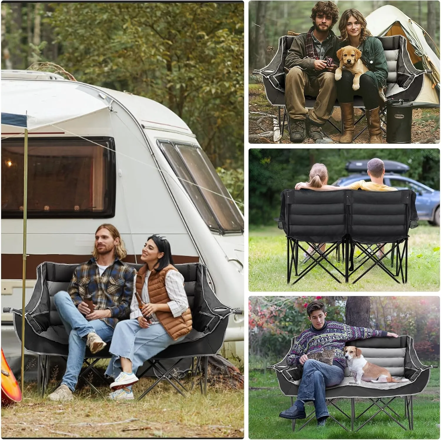 Slsy Oversized Double Camping Chair, Folding 2 Person Camping Chair Loveseat, Fully Padded Duo Chair Camping Couch, Fold Up Double Camp Chair, Lawn Chairs, Camping Bench with Carrying Bag