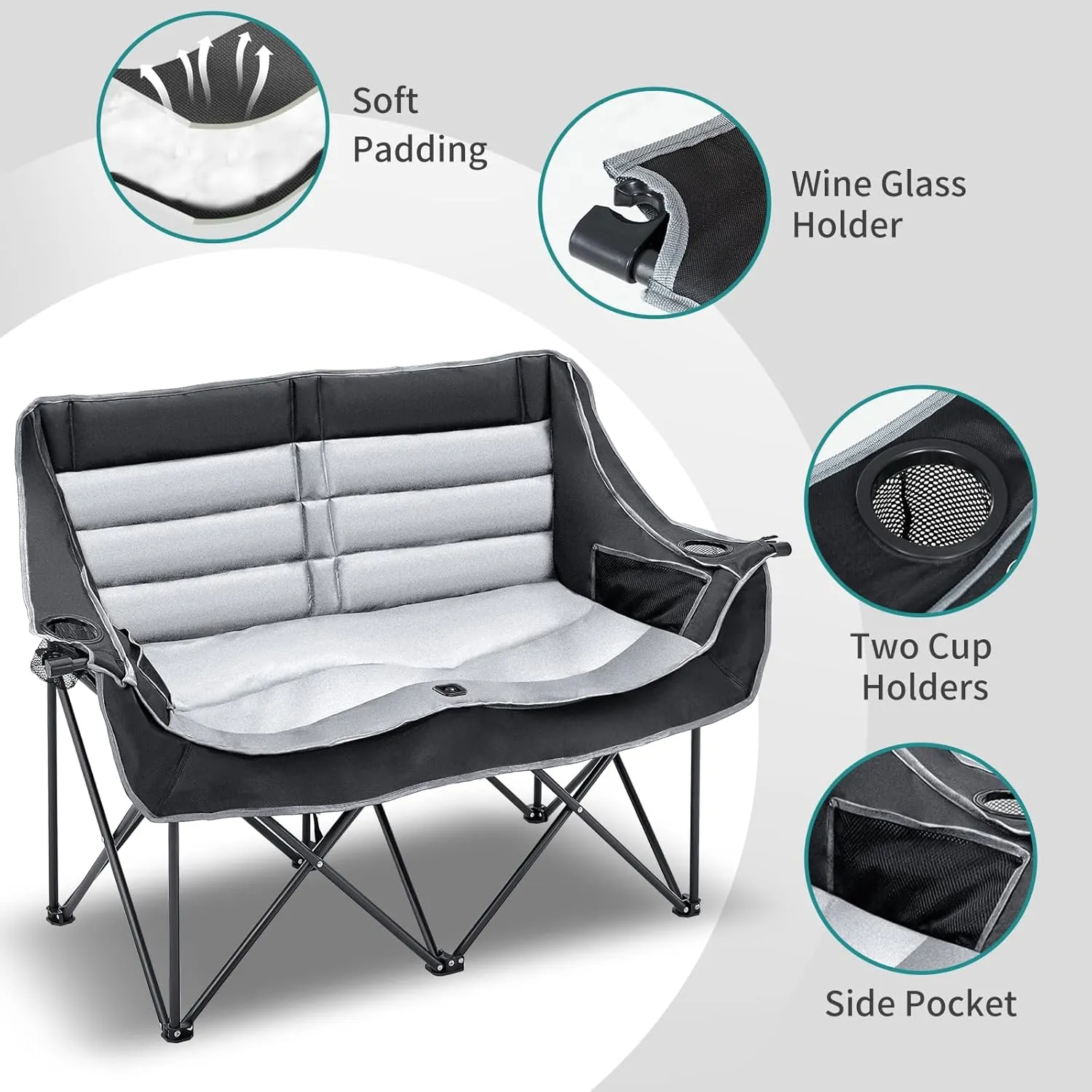 Slsy Oversized Double Camping Chair, Folding 2 Person Camping Chair Loveseat, Fully Padded Duo Chair Camping Couch, Fold Up Double Camp Chair, Lawn Chairs, Camping Bench with Carrying Bag