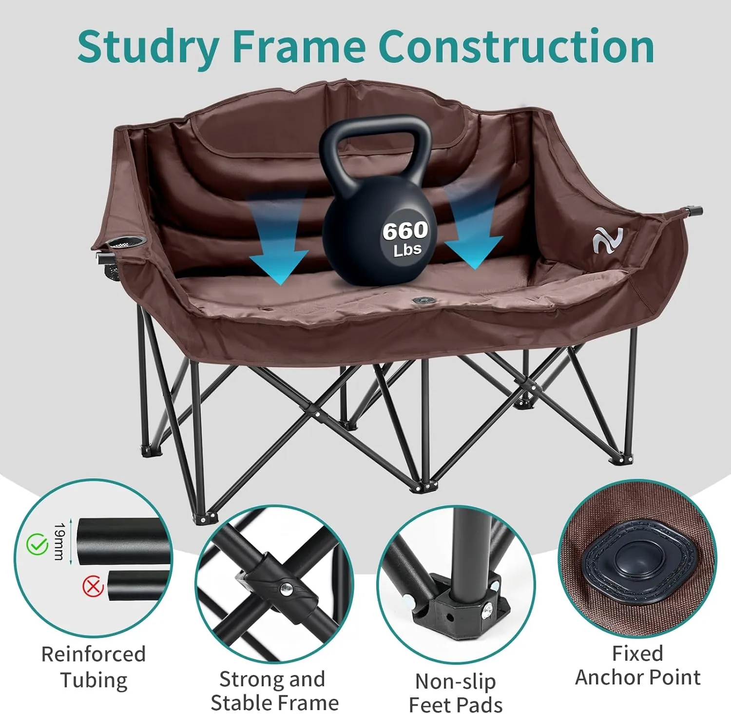 Slsy Oversized Double Camping Chair, Folding 2 Person Camping Chair Loveseat, Fully Padded Duo Chair Camping Couch, Fold Up Double Camp Chair, Lawn Chairs, Camping Bench with Carrying Bag
