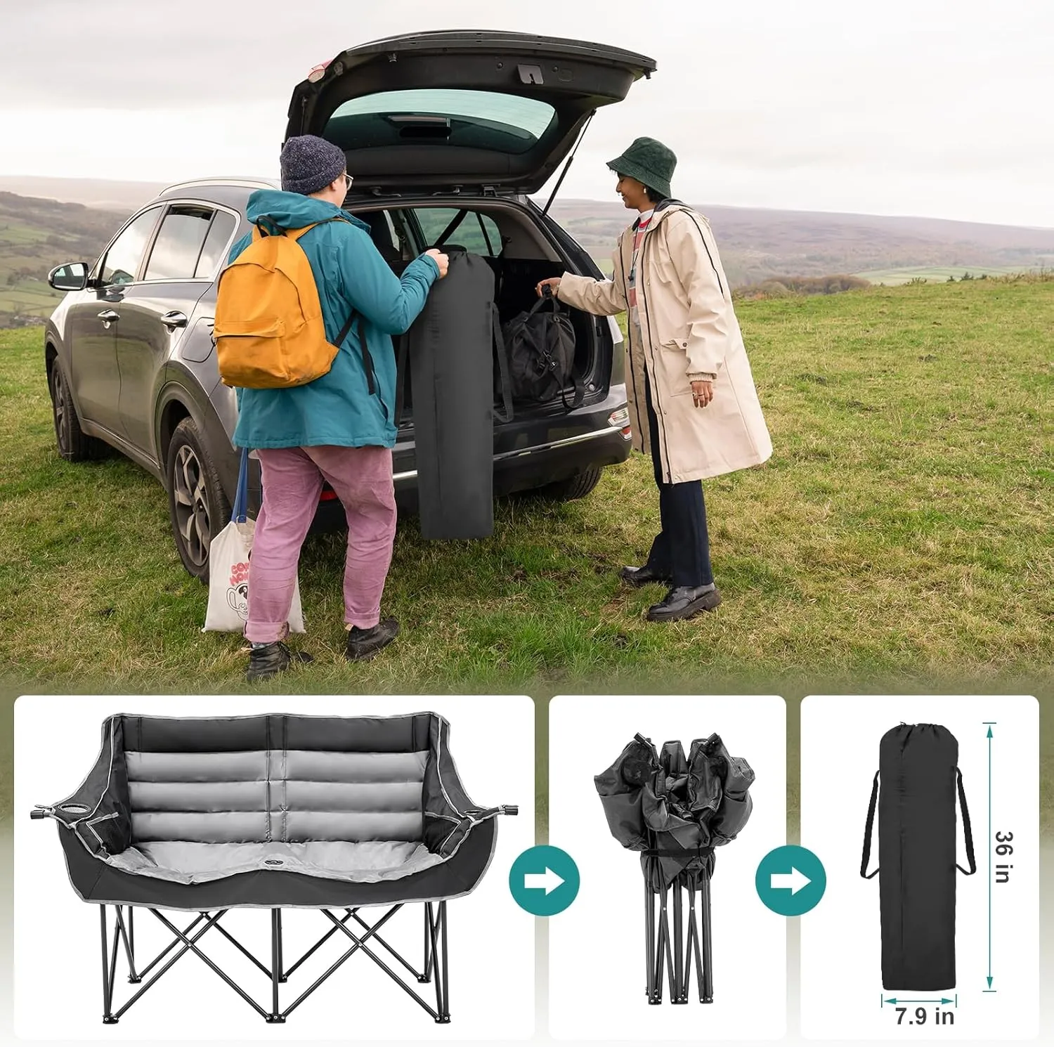 Slsy Oversized Double Camping Chair, Folding 2 Person Camping Chair Loveseat, Fully Padded Duo Chair Camping Couch, Fold Up Double Camp Chair, Lawn Chairs, Camping Bench with Carrying Bag