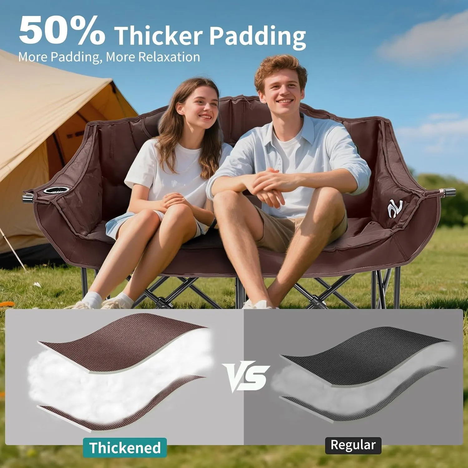 Slsy Oversized Double Camping Chair, Folding 2 Person Camping Chair Loveseat, Fully Padded Duo Chair Camping Couch, Fold Up Double Camp Chair, Lawn Chairs, Camping Bench with Carrying Bag