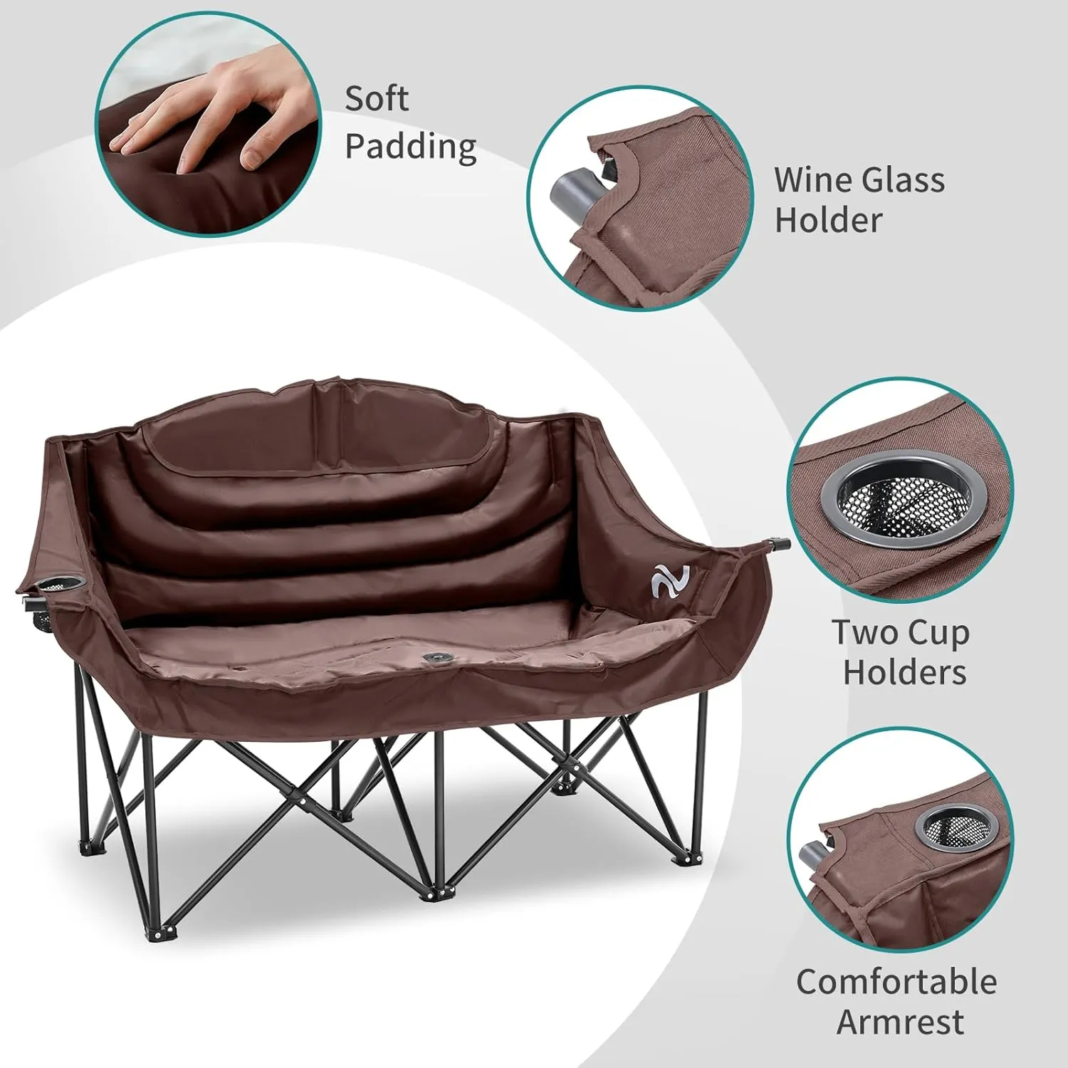 Slsy Oversized Double Camping Chair, Folding 2 Person Camping Chair Loveseat, Fully Padded Duo Chair Camping Couch, Fold Up Double Camp Chair, Lawn Chairs, Camping Bench with Carrying Bag