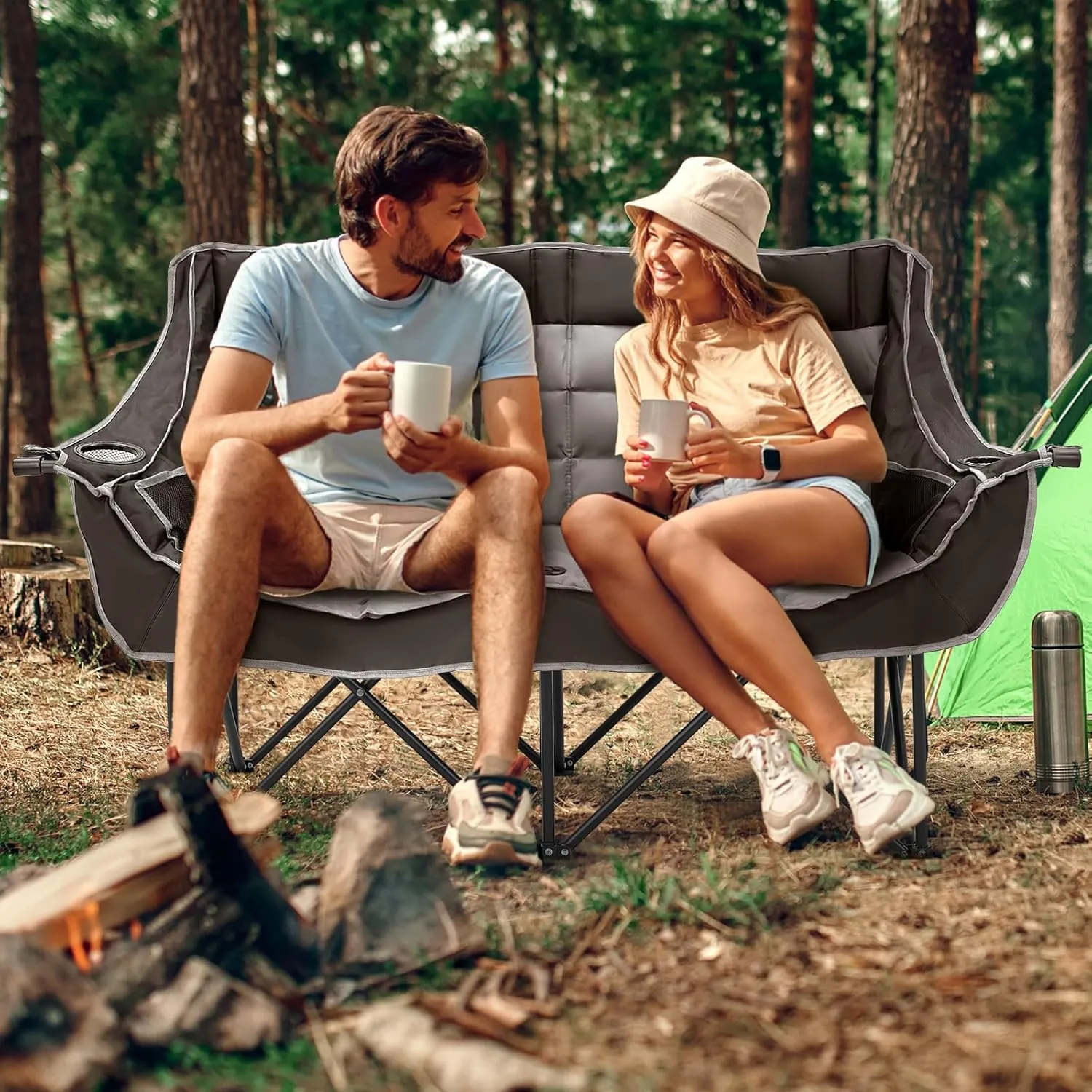 Slsy Oversized Double Camping Chair, Folding 2 Person Camping Chair Loveseat, Fully Padded Duo Chair Camping Couch, Fold Up Double Camp Chair, Lawn Chairs, Camping Bench with Carrying Bag