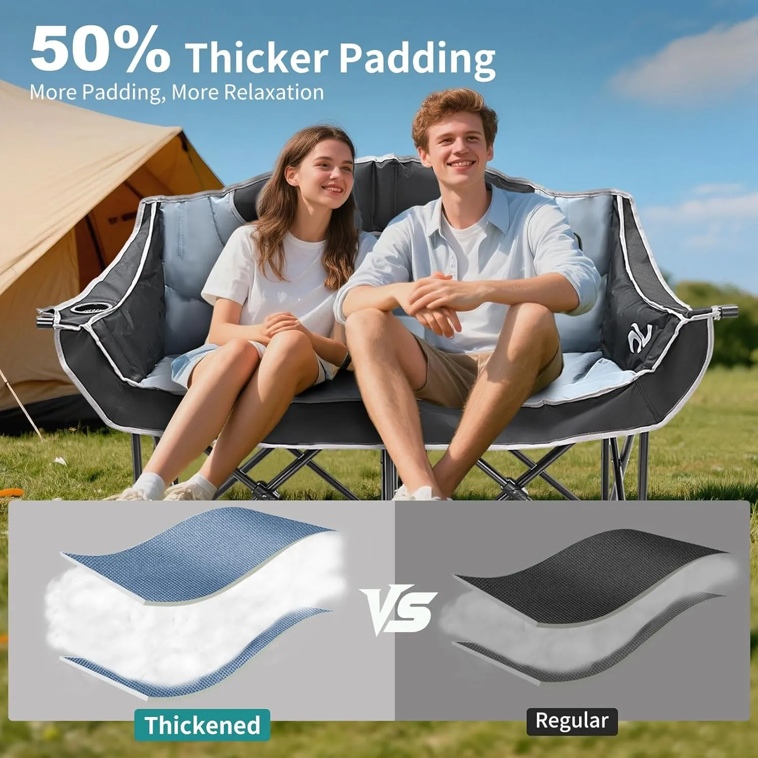 Slsy Oversized Double Camping Chair, Folding 2 Person Camping Chair Loveseat, Fully Padded Duo Chair Camping Couch, Fold Up Double Camp Chair, Lawn Chairs, Camping Bench with Carrying Bag