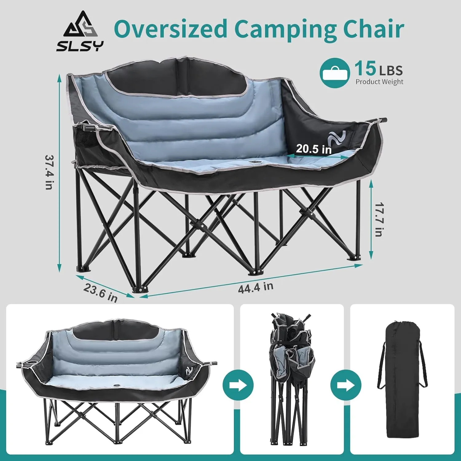 Slsy Oversized Double Camping Chair, Folding 2 Person Camping Chair Loveseat, Fully Padded Duo Chair Camping Couch, Fold Up Double Camp Chair, Lawn Chairs, Camping Bench with Carrying Bag