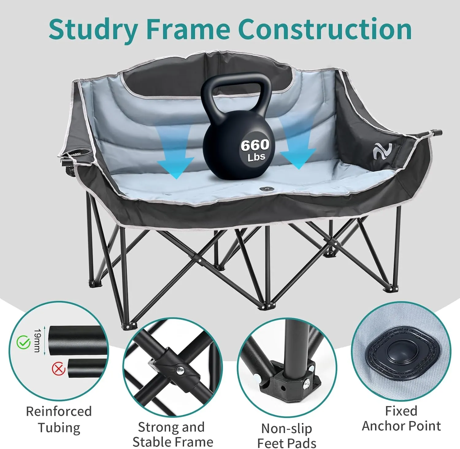 Slsy Oversized Double Camping Chair, Folding 2 Person Camping Chair Loveseat, Fully Padded Duo Chair Camping Couch, Fold Up Double Camp Chair, Lawn Chairs, Camping Bench with Carrying Bag
