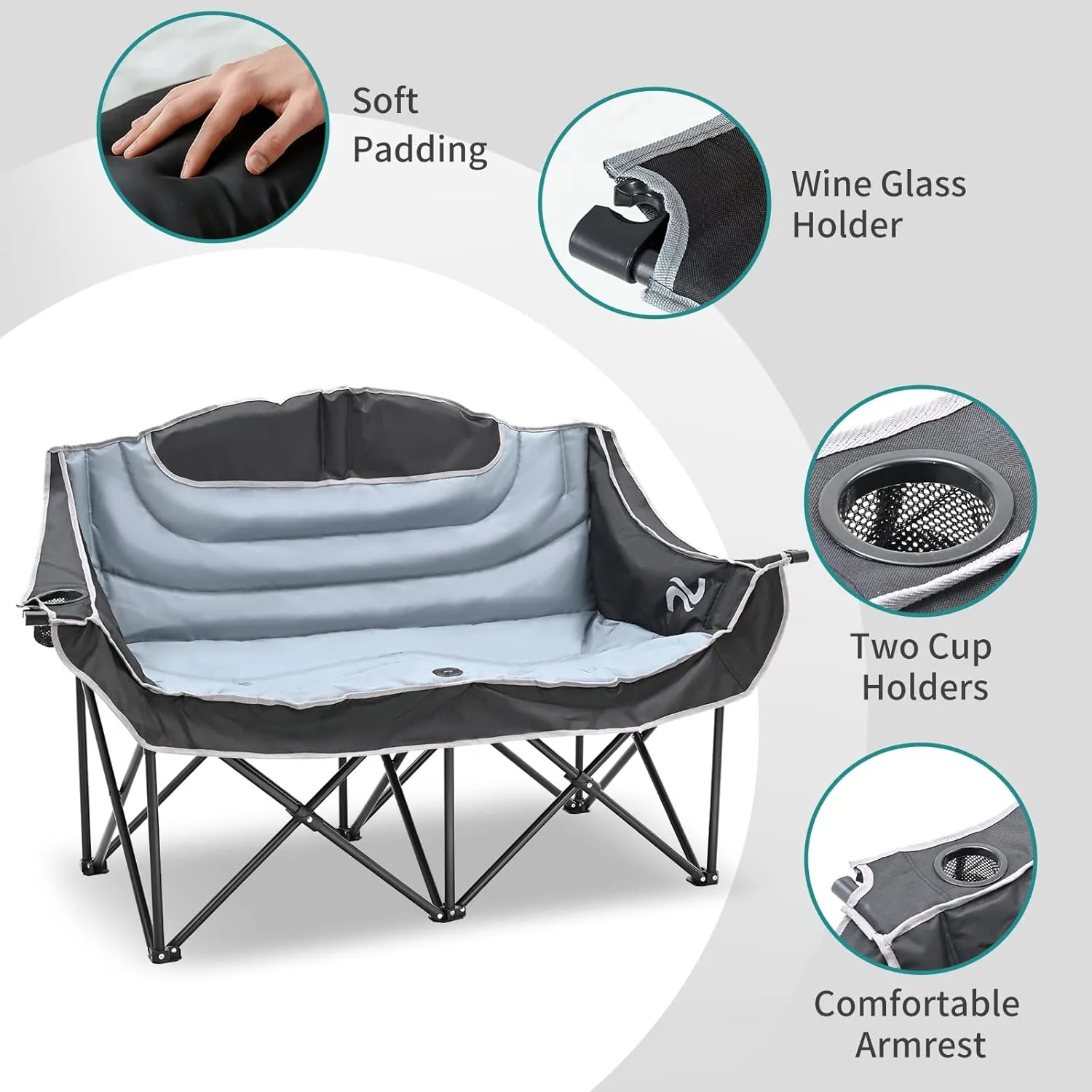 Slsy Oversized Double Camping Chair, Folding 2 Person Camping Chair Loveseat, Fully Padded Duo Chair Camping Couch, Fold Up Double Camp Chair, Lawn Chairs, Camping Bench with Carrying Bag