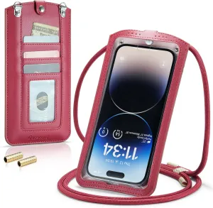 Small Crossbody Bag Cell Phone Purse for Women Men Leather Mini Shoulder Bag Wallet Case with Card Holder Slot Necklace Lanyard for All Smartphones iPhone Samsung Google Moto up to 7.3" Red