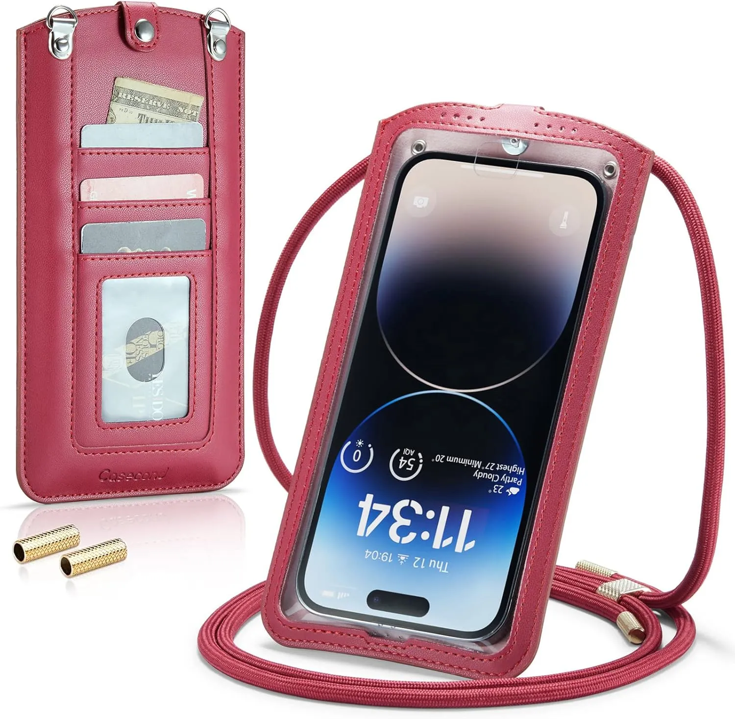 Small Crossbody Bag Cell Phone Purse for Women Men Leather Mini Shoulder Bag Wallet Case with Card Holder Slot Necklace Lanyard for All Smartphones iPhone Samsung Google Moto up to 7.3" Red