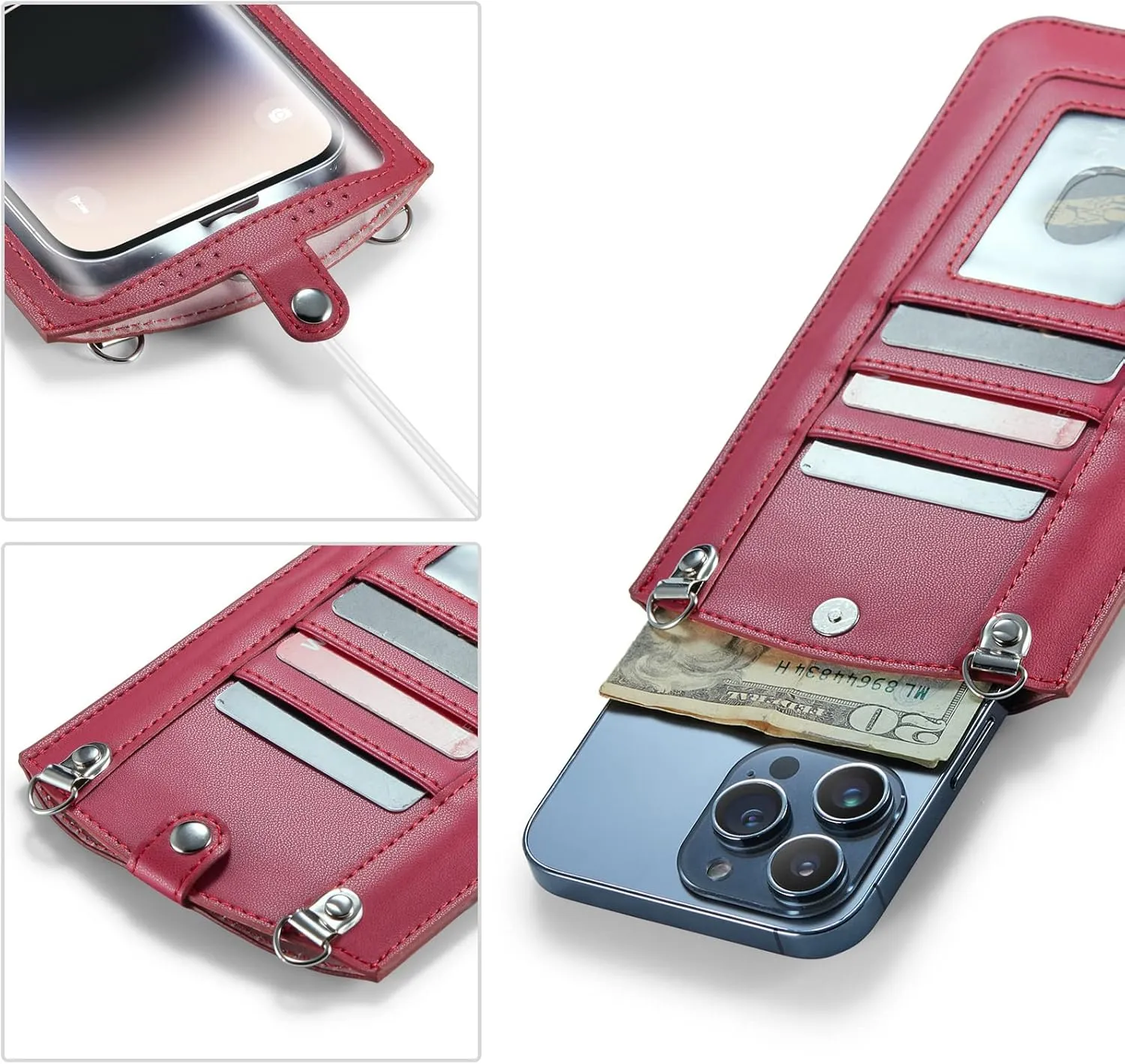 Small Crossbody Bag Cell Phone Purse for Women Men Leather Mini Shoulder Bag Wallet Case with Card Holder Slot Necklace Lanyard for All Smartphones iPhone Samsung Google Moto up to 7.3" Red