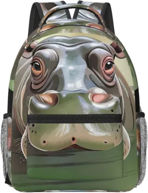 Soft Backpack Shoulder Bag with Zipper and Laptop Compartment, Laptop Backpack Compatible with Cartoon Swimming Hippo