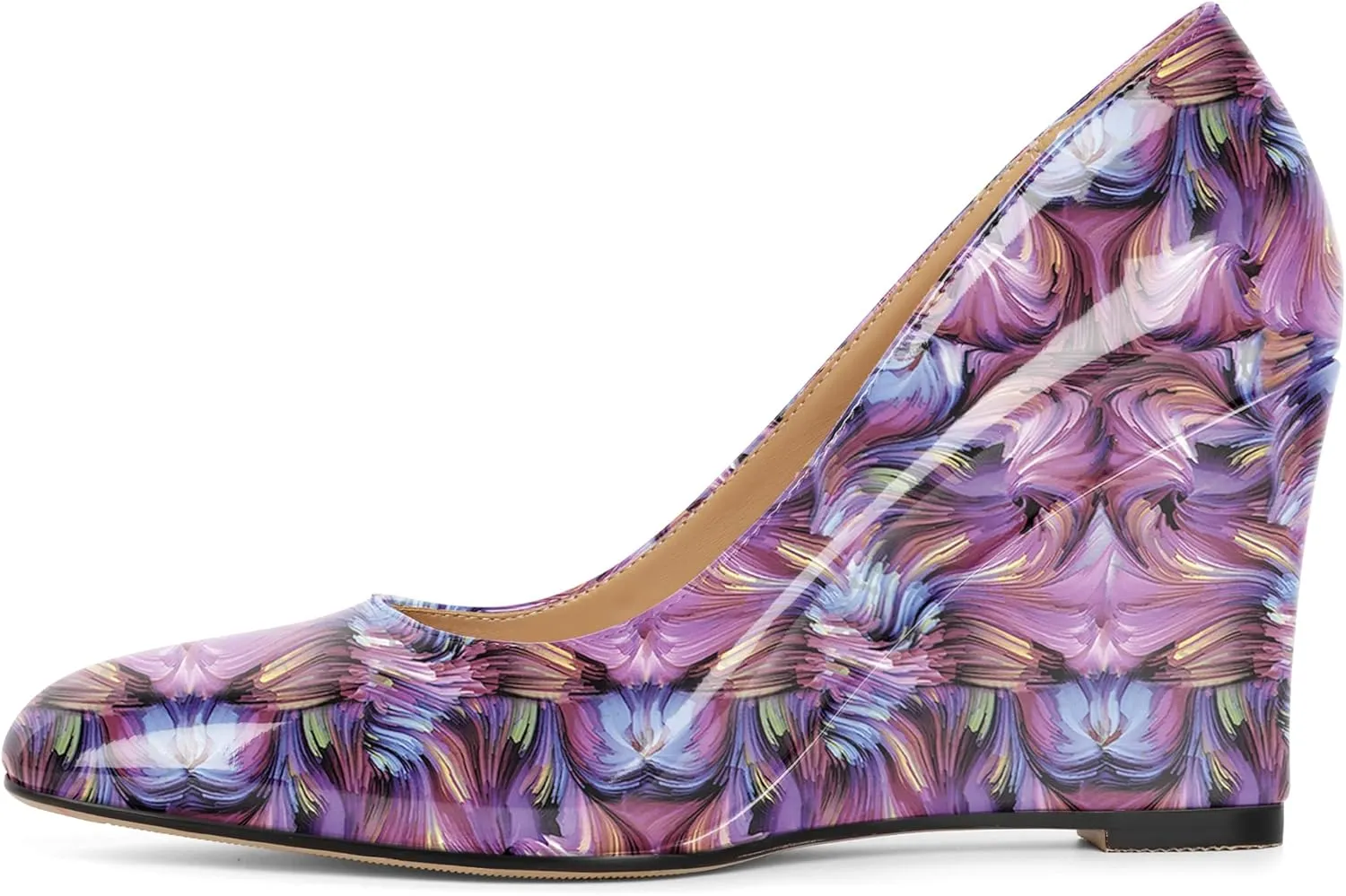 Soireelady Wedge Heel Pumps Round Closed Toe Slip On High Heel Wedges Comfortable Dress Shoes 3.5 Inches