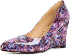Soireelady Wedge Heel Pumps Round Closed Toe Slip On High Heel Wedges Comfortable Dress Shoes 3.5 Inches