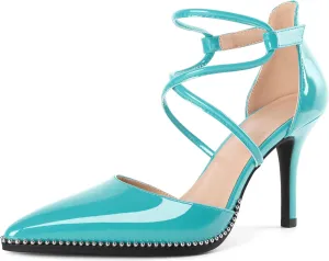 Soireelady Womens High Heel Stilettos Beaded Pumps Criss Cross Ankle Strappy Pointed Toe D'Orsay Heel Dress Shoes 3.5 Inch