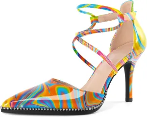 Soireelady Womens High Heel Stilettos Beaded Pumps Criss Cross Ankle Strappy Pointed Toe D'Orsay Heel Dress Shoes 3.5 Inch