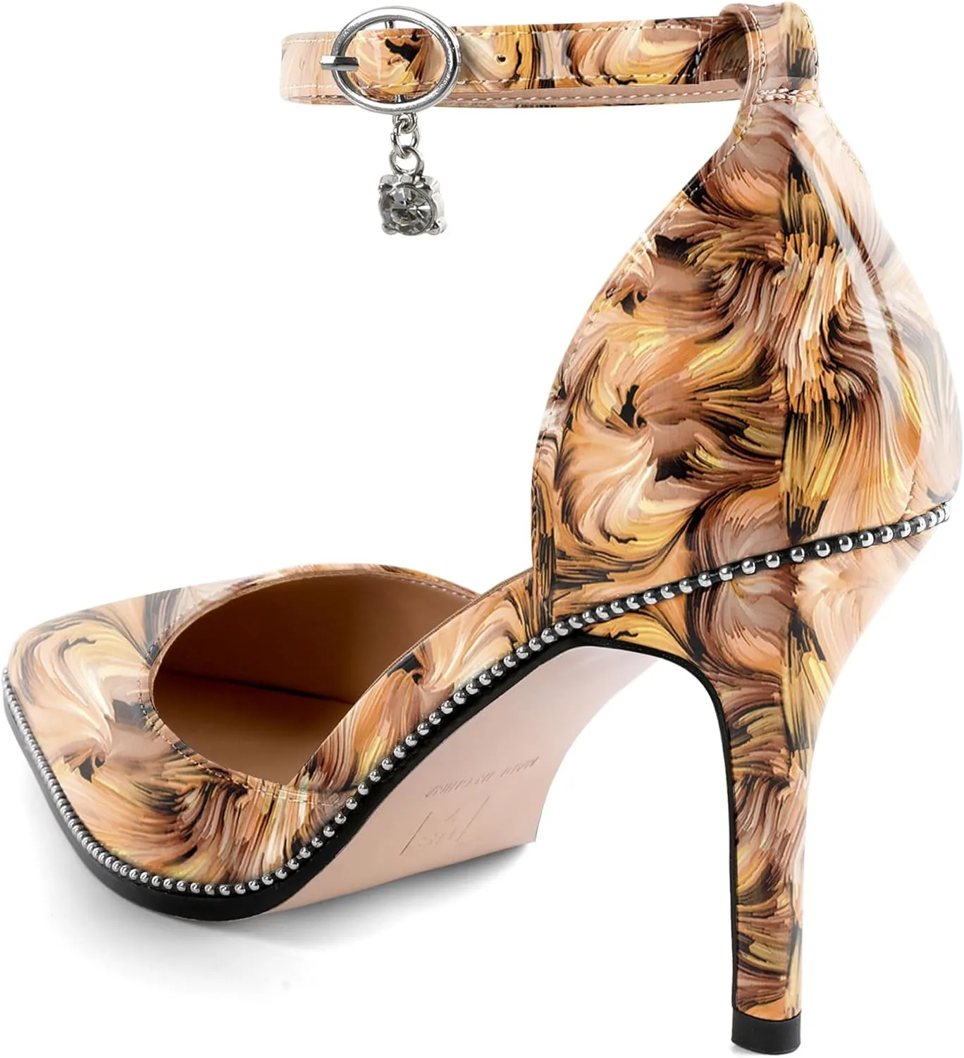 Soireelady Womens High Heels Beaded Pumps Stiletto Ankle Strap Pointed Toe D'Orsay Heel Dress Shoes Patent Leather 3.5 Inch