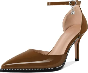 Soireelady Womens High Heels Beaded Pumps Stiletto Ankle Strap Pointed Toe D'Orsay Heel Dress Shoes Patent Leather 3.5 Inch