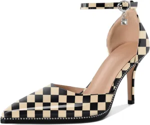 Soireelady Womens High Heels Beaded Pumps Stiletto Ankle Strap Pointed Toe D'Orsay Heel Dress Shoes Patent Leather 3.5 Inch