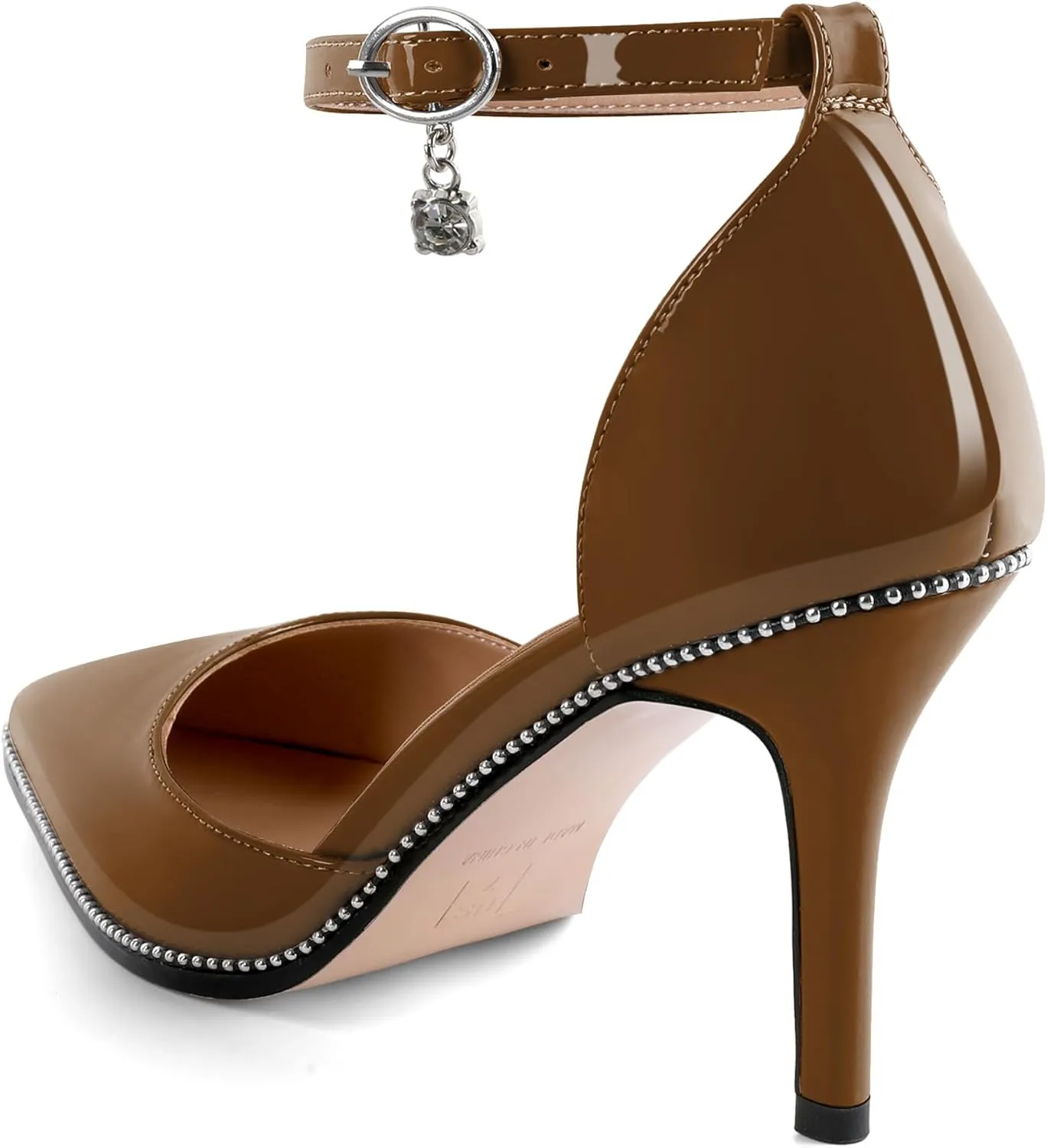Soireelady Womens High Heels Beaded Pumps Stiletto Ankle Strap Pointed Toe D'Orsay Heel Dress Shoes Patent Leather 3.5 Inch