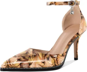 Soireelady Womens High Heels Beaded Pumps Stiletto Ankle Strap Pointed Toe D'Orsay Heel Dress Shoes Patent Leather 3.5 Inch