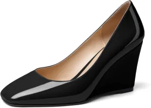 Soireelady Womens Square Toe Wedges High Heel Pumps Slip On Wedge Heels Classic Wedge Pumps Patent Leather Elegant Dressy Daily Shoes