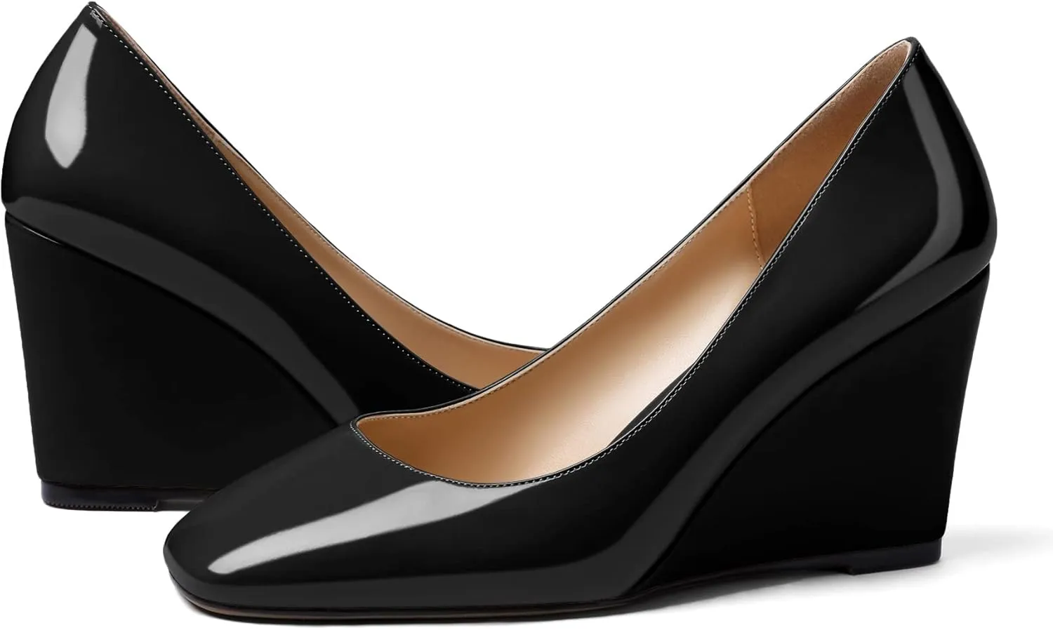 Soireelady Womens Square Toe Wedges High Heel Pumps Slip On Wedge Heels Classic Wedge Pumps Patent Leather Elegant Dressy Daily Shoes