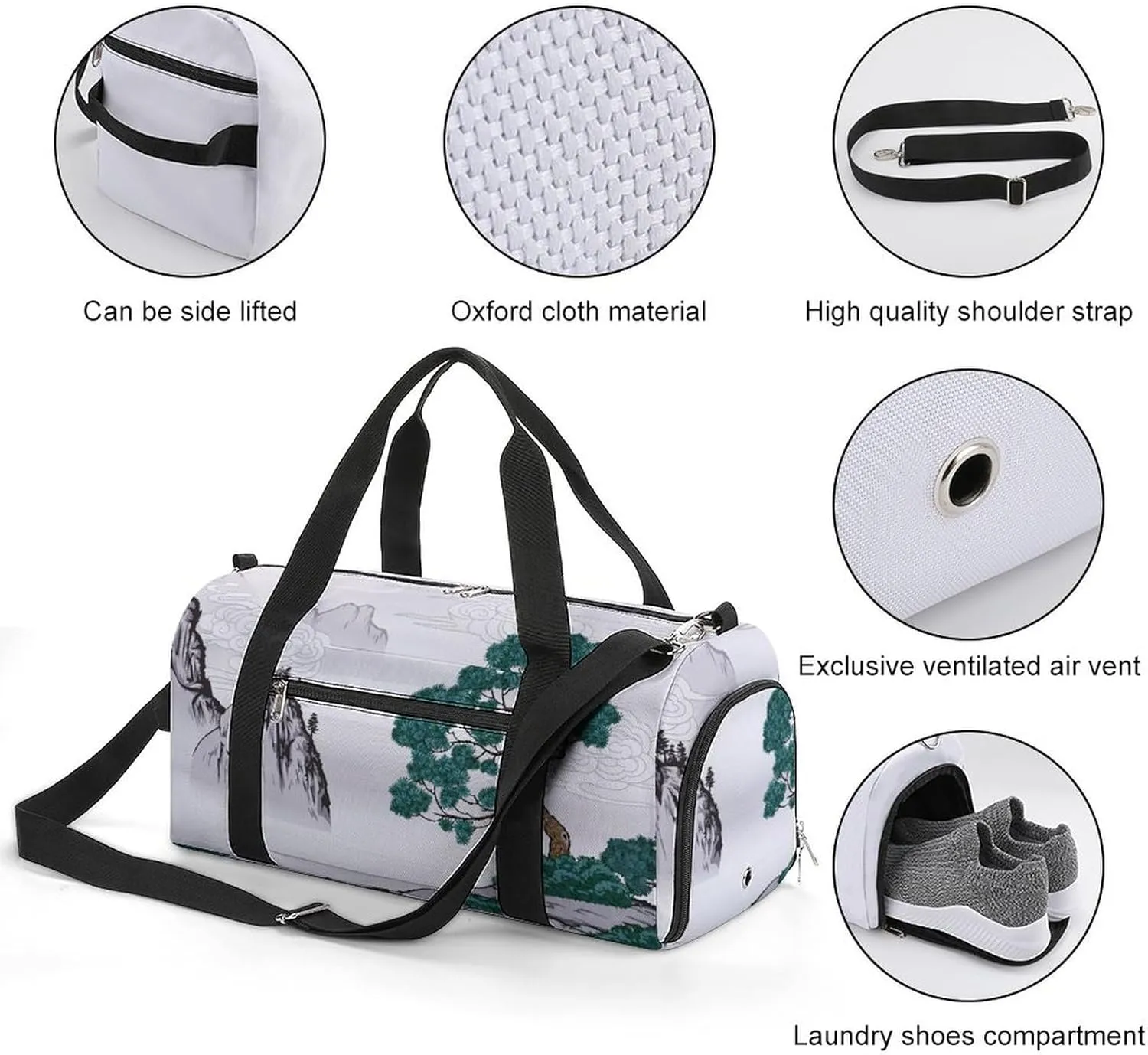 Sport Gym Duffel with Shoe Compartment Wet Pocket, Chinese-painting-classic Shoulder Travel Bag for Women Men