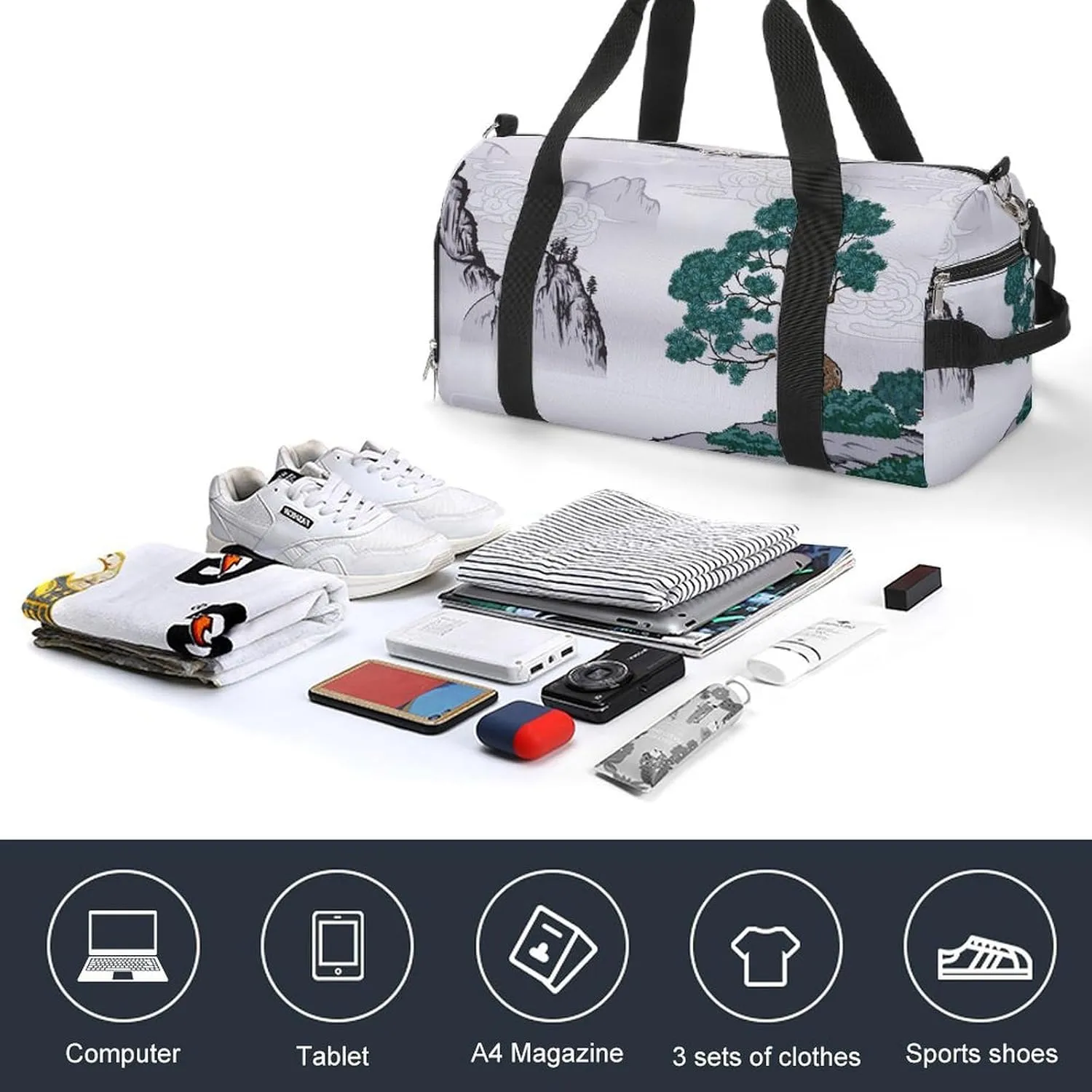 Sport Gym Duffel with Shoe Compartment Wet Pocket, Chinese-painting-classic Shoulder Travel Bag for Women Men