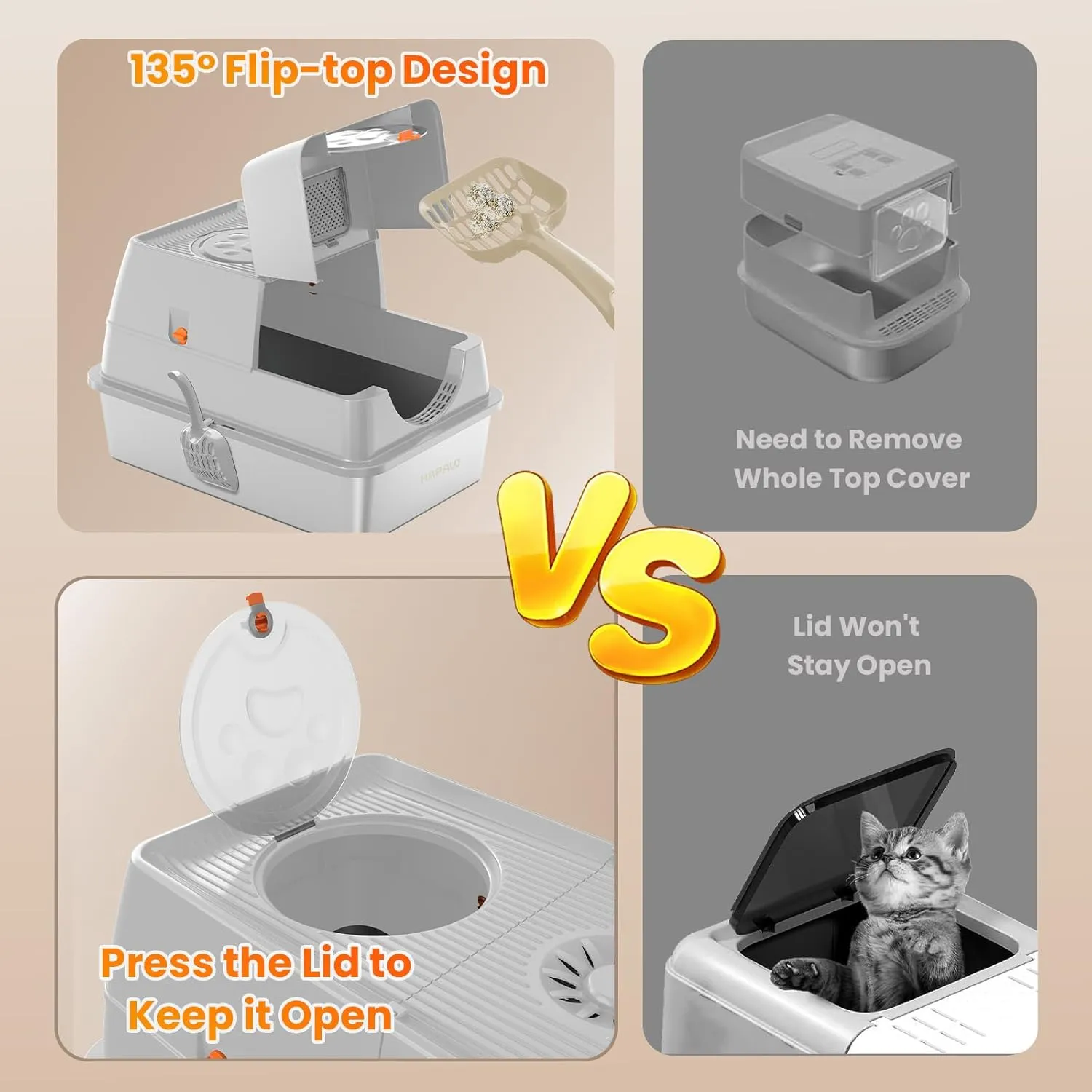 Stainless Steel Litter Box with Lid, 135° Flip-Top Extra Large Cat Litter Pan, Enclosed Metal Litter Box with Litter Scoop & Filter Pedal, Anti-Leakage, Odor Free, Front & Top Dual Entry