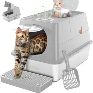 Stainless Steel Litter Box with Lid, 135° Flip-Top Extra Large Cat Litter Pan, Enclosed Metal Litter Box with Litter Scoop & Filter Pedal, Anti-Leakage, Odor Free, Front & Top Dual Entry
