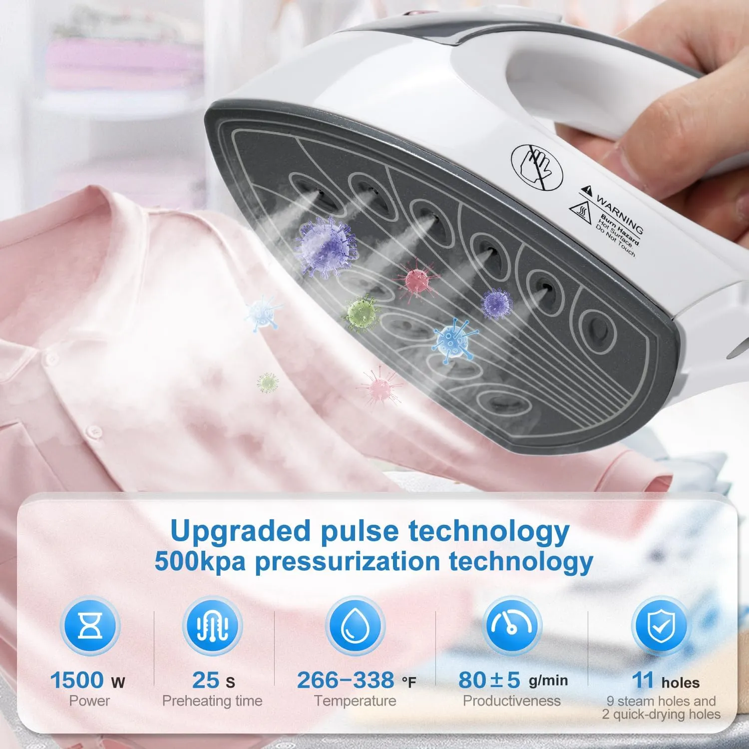 Standing Garment Steamer 1500W Professional Steamer for Clothes 25s Fast Heat-up with 1.6L/54 fl.oz Water Tank, Foldable Ironing Board, Garment Hanger, Ironing Gloves (White)