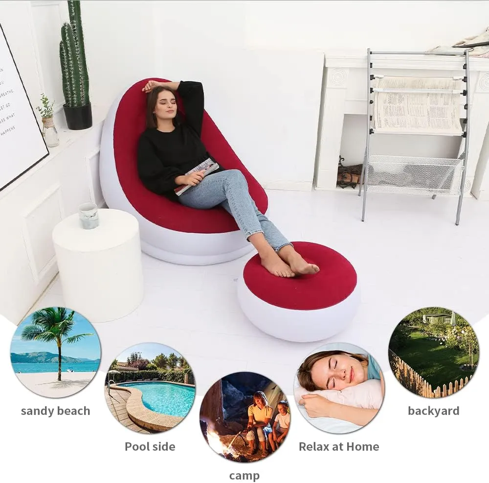 STARBRILLIANT Inflatable Living Room Furniture PVC Chair, Indoor Foldable Deck Chaise Lounges with Air Pump, Travel Camping Picnic Beach Chair(Red)