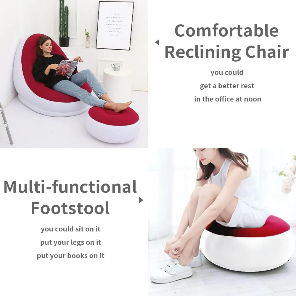 STARBRILLIANT Inflatable Living Room Furniture PVC Chair, Indoor Foldable Deck Chaise Lounges with Air Pump, Travel Camping Picnic Beach Chair(Red)